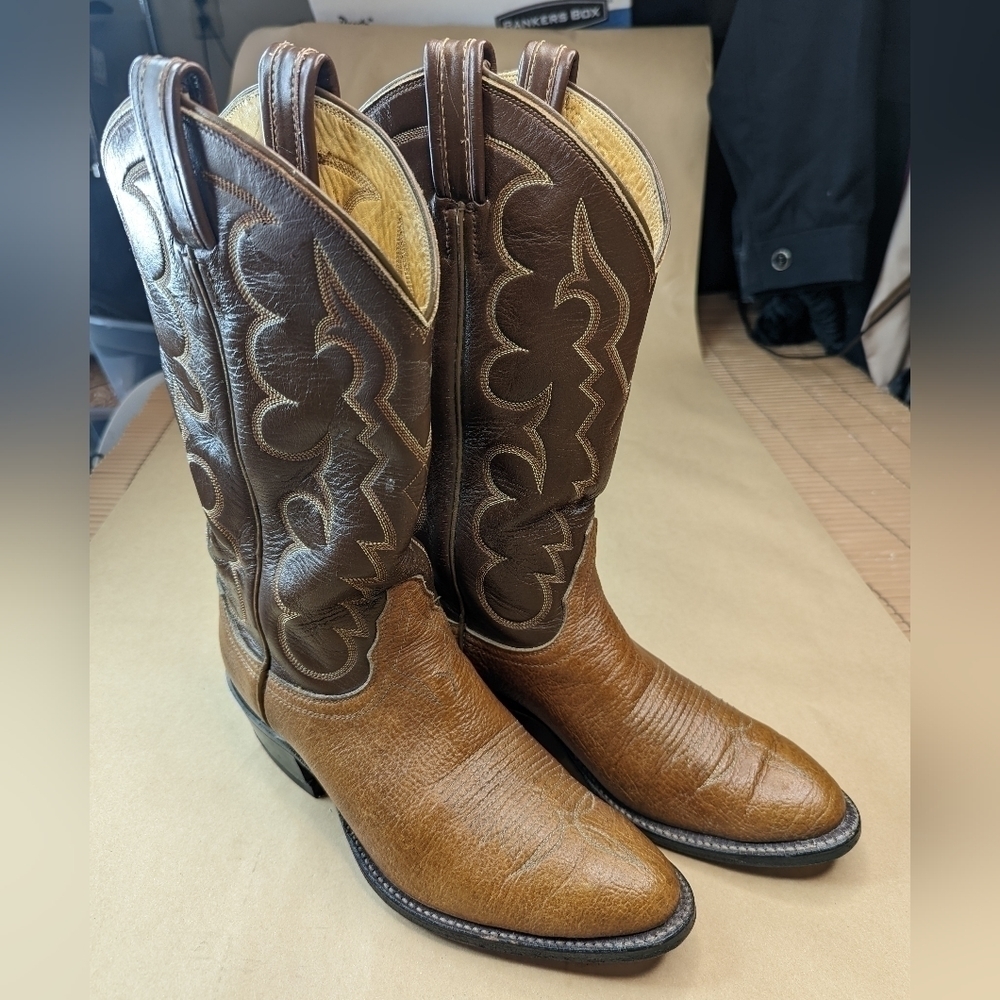 Tony Lama Black Label Shrunken Bull shoulder men's sz 8.5D two tone brown leathe - Picture 3 of 10